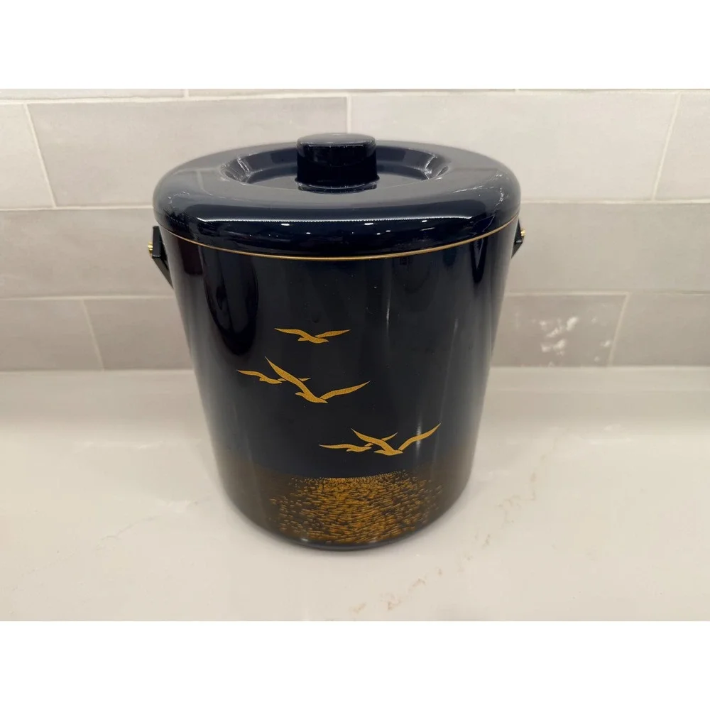 Vintage Otagiri Japan Seagull Ice Bucket Black Gold Lacquer Mid Century‎ Barware